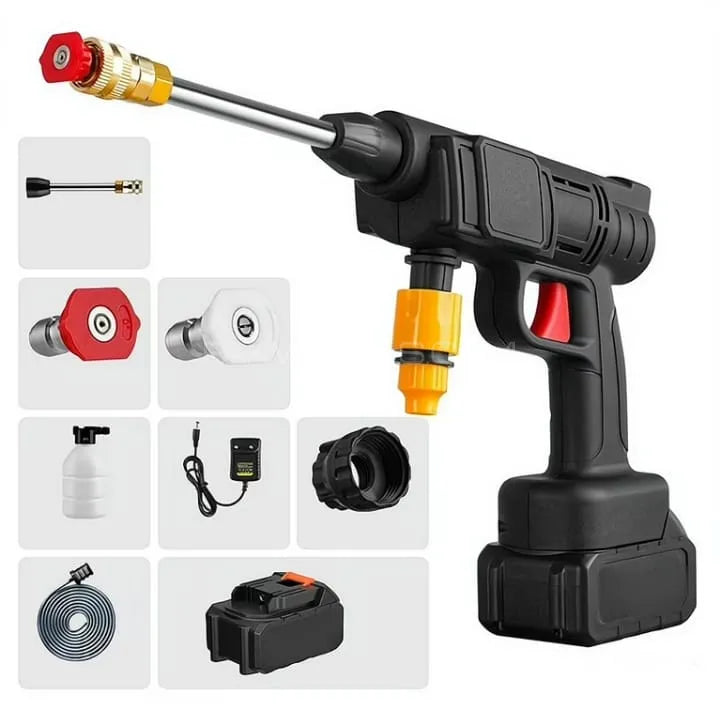 Cordless pressure washer gun in use – washing garden furniture and patio